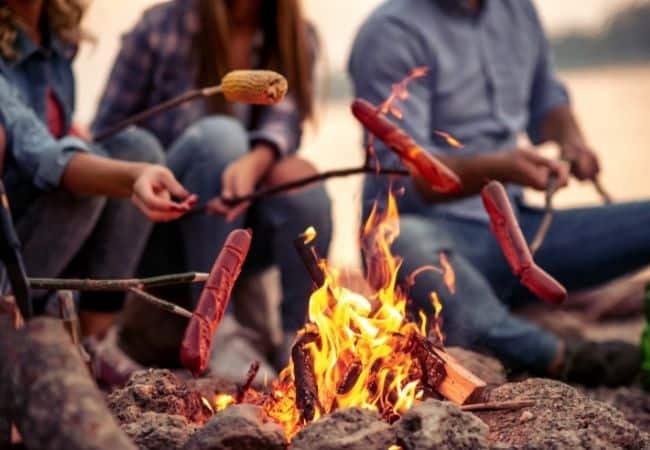 Cooking hot dogs on a stick over campfire