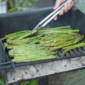 Cooking asparagus on campground grill
