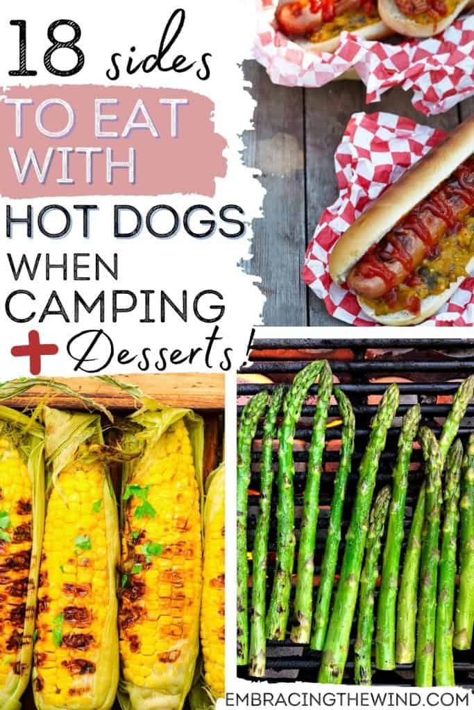 Hot dogs and side sides of corn and grilled asparagus for camping.