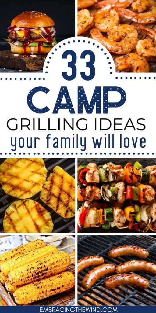 Camp grilling foods burgers, shrimp, pineapple, corn, brats