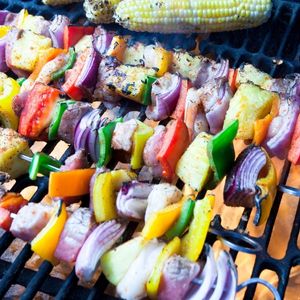 Kabobs cooked on the camp grill